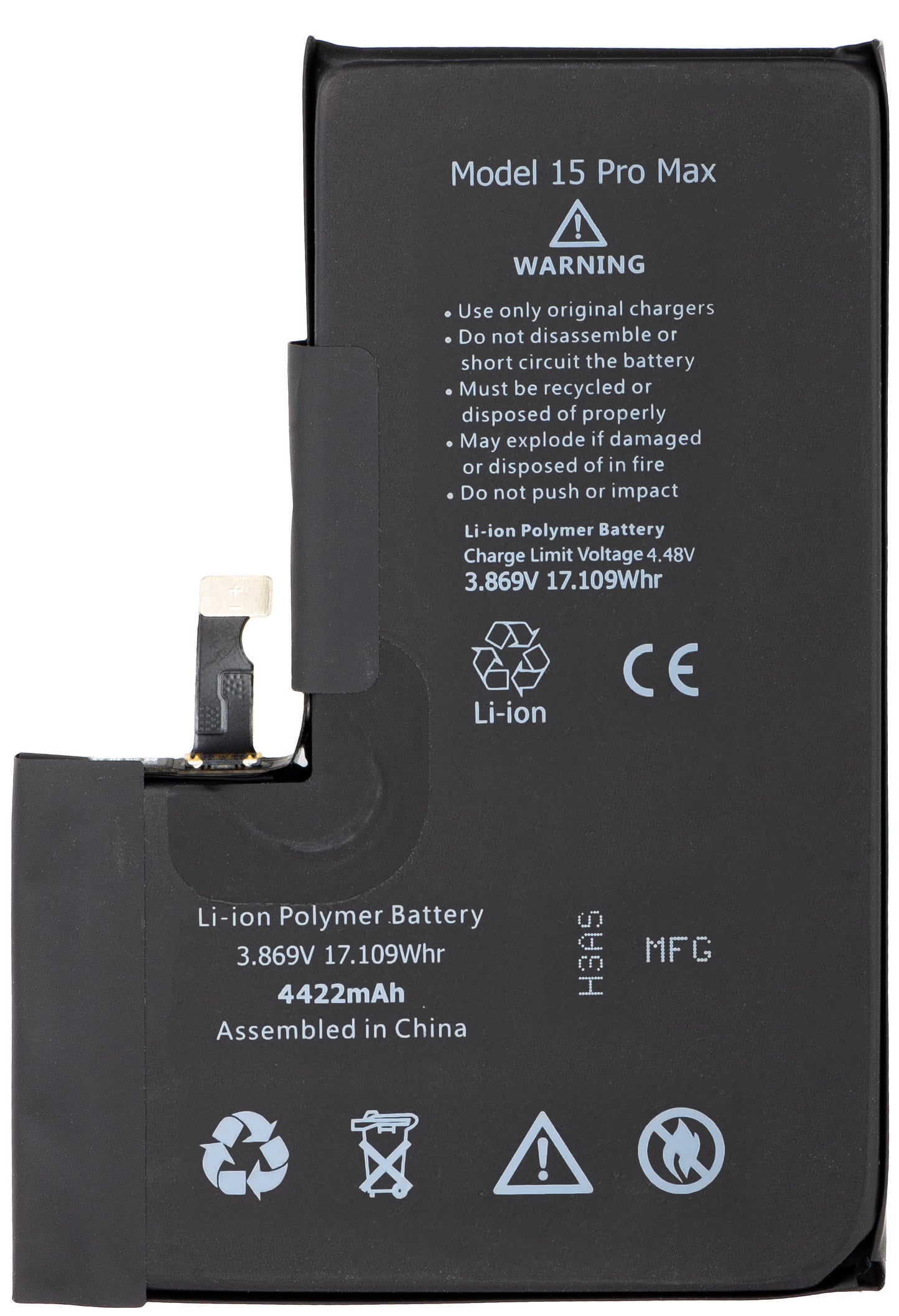 Apple iPhone 15 Pro Max Battery with Flex BMS Integration (no soldering contacts required)
