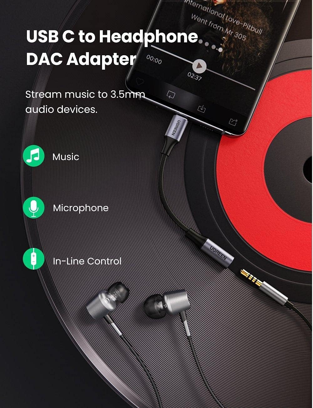 USB-C to 3.5mm Audio Adapter UGREEN AV161, Gray