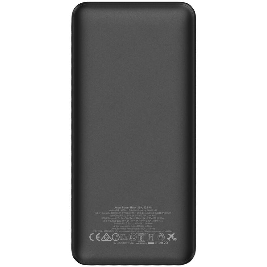 Anker External Battery, 10000mAh, 22.5W, QC + PD, 1 x USB-A - 1 x USB-C, Black A1388G11