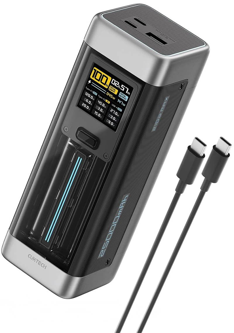 Cuktech External Battery, 25000mAh, 210W, QC + PD, 1 x USB-A - 2 x USB-C, Black CUK00P23GLBK