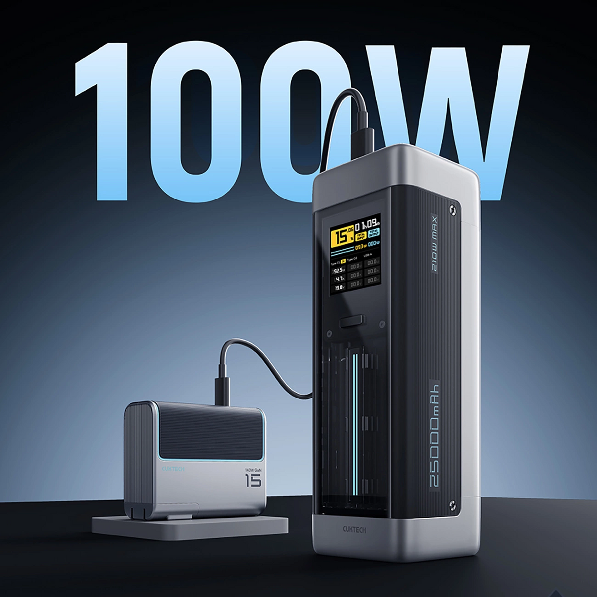 Cuktech External Battery, 25000mAh, 210W, QC + PD, 1 x USB-A - 2 x USB-C, Black CUK00P23GLBK