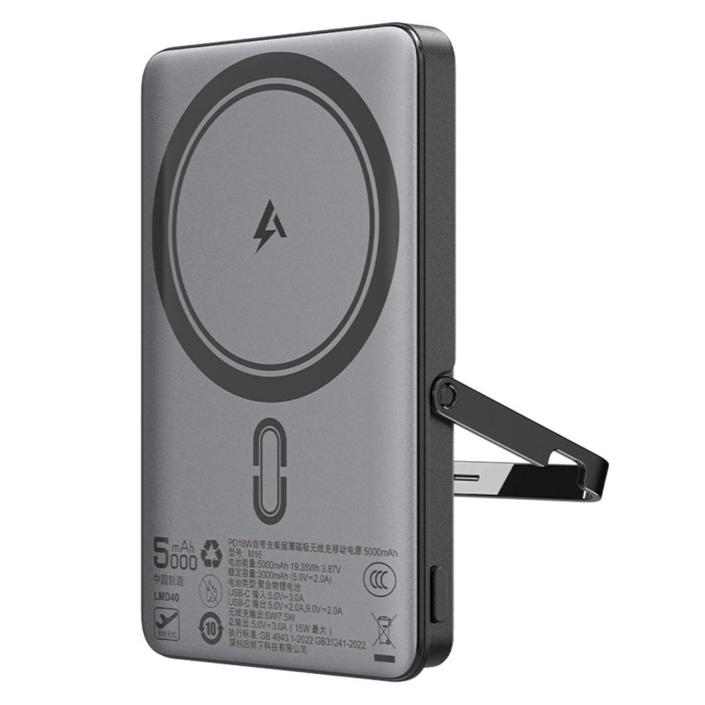 Acefast M16 Wireless External Battery, 5000mAh, 18W, PD + FQI, 1 x QI - 1 x USB-C, Black
