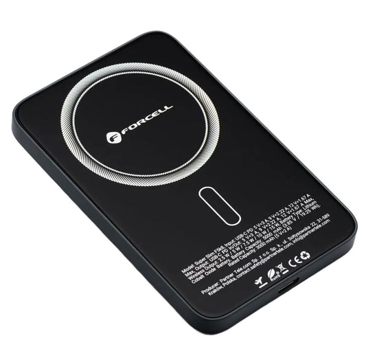 Forcell F5K8 Wireless External Battery, 5000mAh, 15W, PD + FQI, 1 x QI - 1 x USB-C, Black