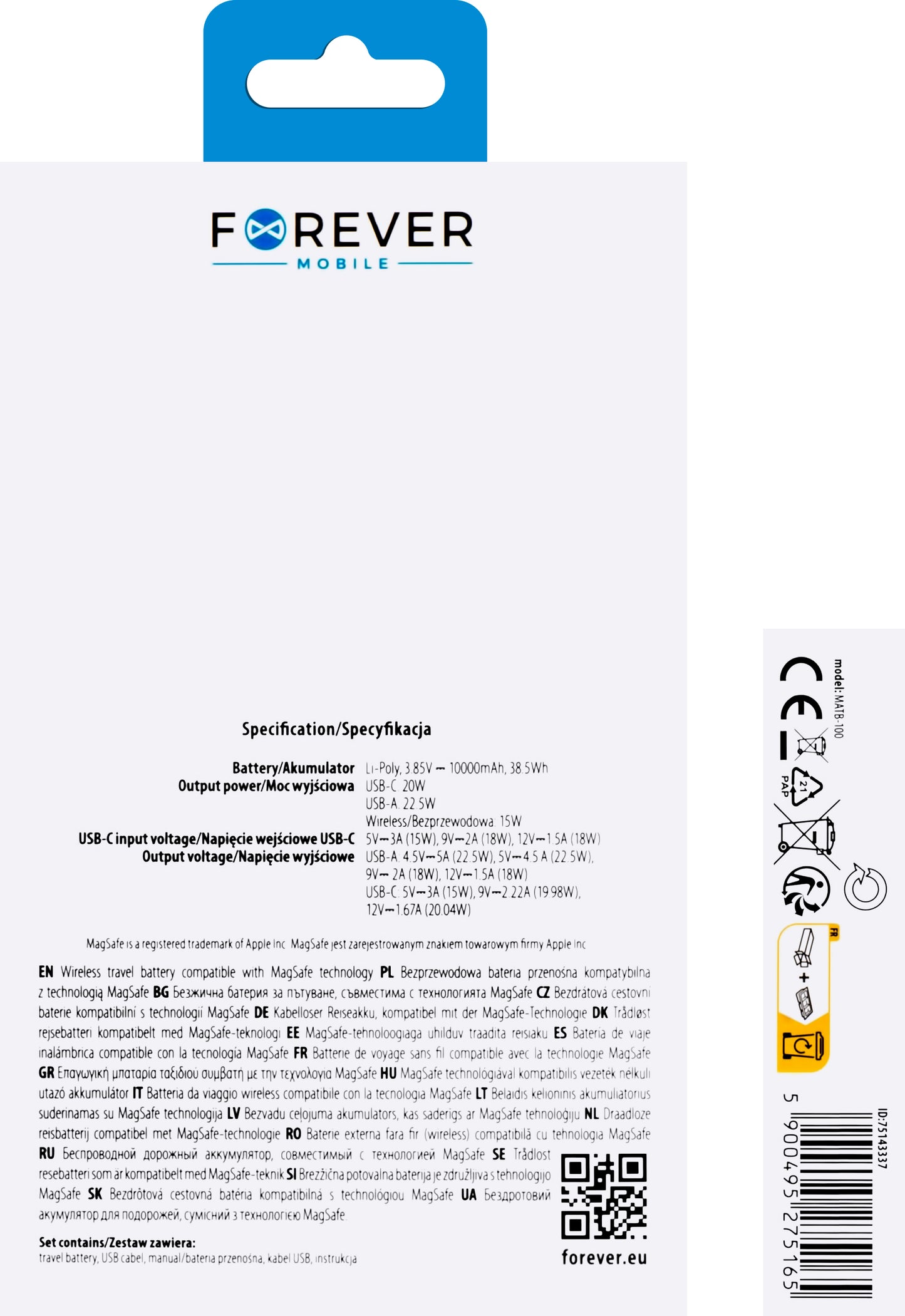 Forever MATB-100 Wireless External Battery, 10000mAh, 22.5W, QC + PD + FQI, 1 x QI - 1 x USB-A - 1 x USB-C, Black