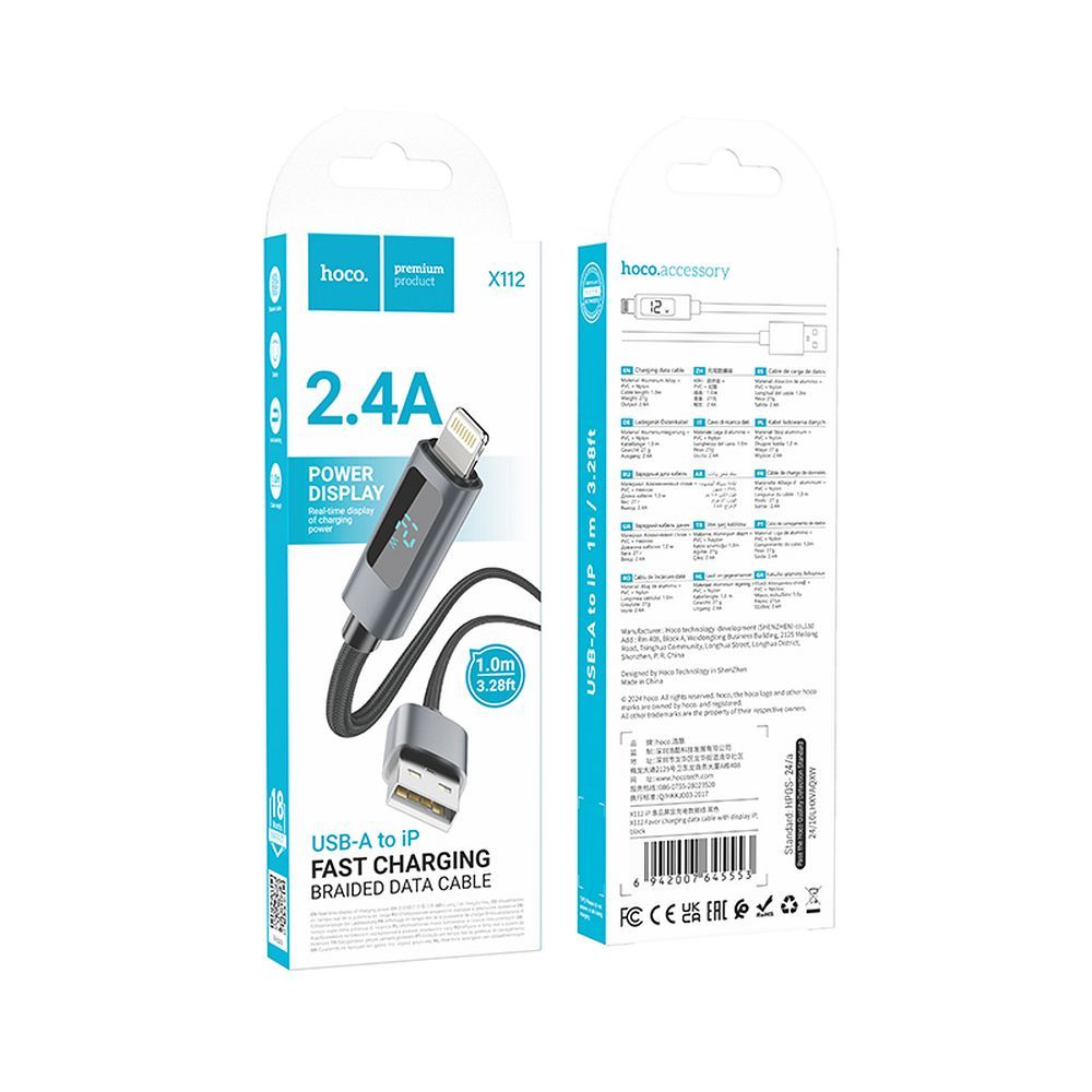 USB-A to Lightning Data and Charging Cable HOCO Display X112, 18W, 1m, Black