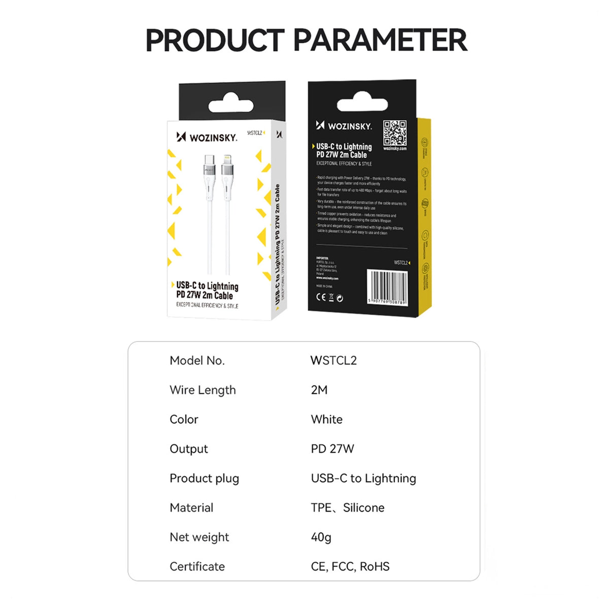 USB-C to Lightning Data and Charging Cable WZK WSTCL1, 27W, 1m, White