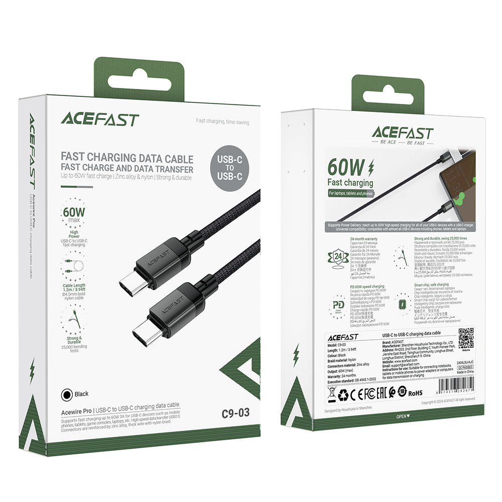 USB-C Data and Charging Cable - USB-C Acefast C9-03, 60W, 1.2m, Black