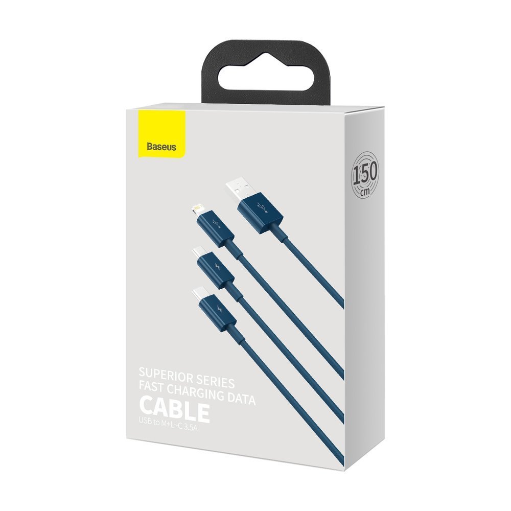 USB-A Charging Cable - Lightning / microUSB / USB-C Baseus Superior 3in1 Series, 20W, 1.5m, Blue CAMLTYS-03