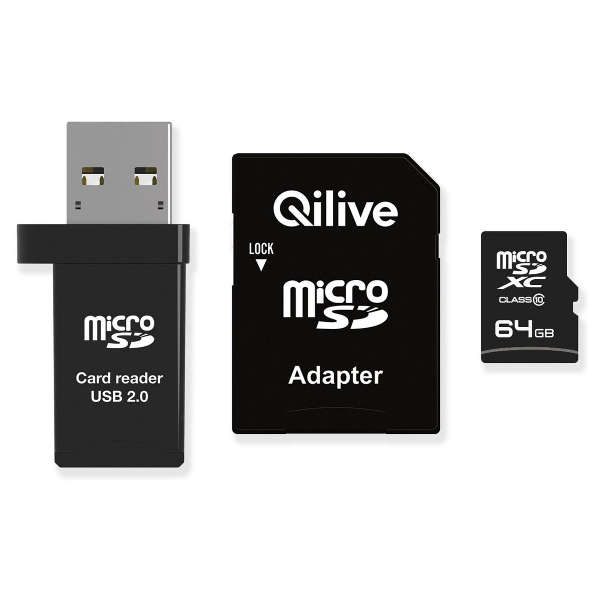 Qilive microSDXC Memory Card, 64Gb, Class 10, With Card Reader and Adapter EKMSDM64GXC10QL