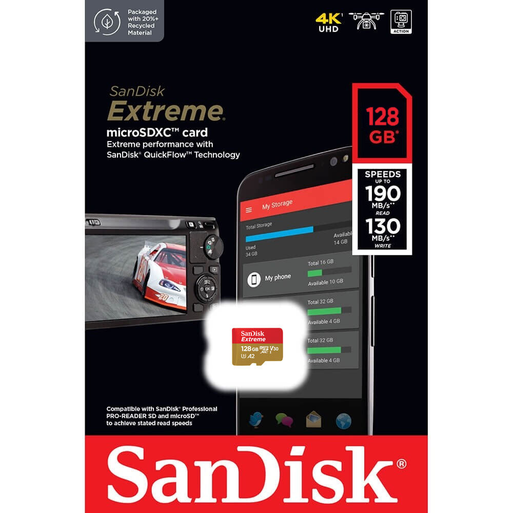 SanDisk Extreme microSDXC Memory Card, 128Gb, Class 10 / UHS-1 U3 SDSQXAA-128G-GN6MN
