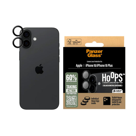Rear Camera Protection Film PanzerGlass Hoops for Apple iPhone 16 Plus / 16, Tempered Glass, Black