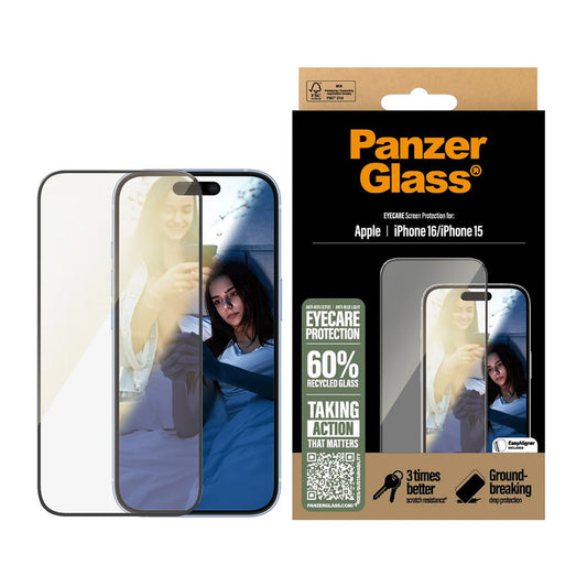 PanzerGlass Ultra-Wide Fit EyeCare Screen Protector for Apple iPhone 16 / 15, Tempered Glass, Full Glue, Black