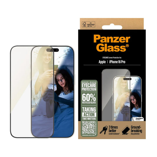 PanzerGlass Ultra-Wide Fit EyeCare Screen Protector for Apple iPhone 16 Pro, Tempered Glass, Full Glue, Black