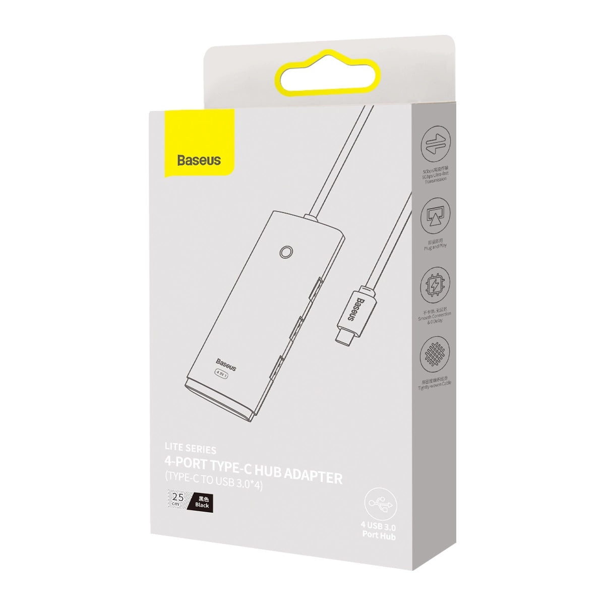 Baseus Lite USB-C Hub, 4 x USB-A 3.0 - 1 x USB-C, 0.25m, Black WKQX030301