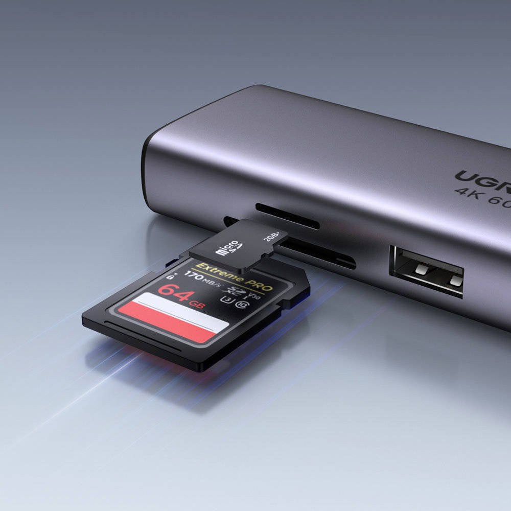 UGREEN CM512 USB-C Hub (60515), 2 x USB-A 3.0 - 1 x USB-C - 1 x HDMI - 1 x SD - 1 x microSD - 1 x RJ45, Gray