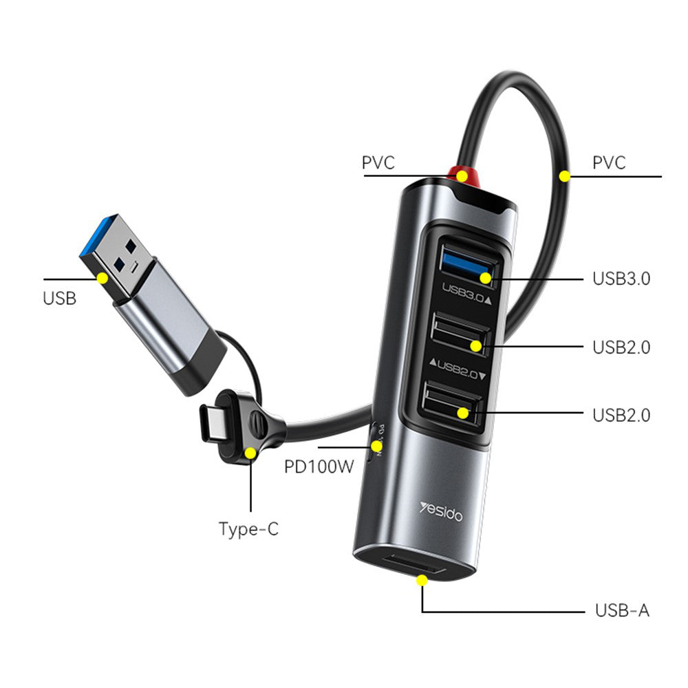 USB / USB-C Yesido HB20, 5in1, Gray