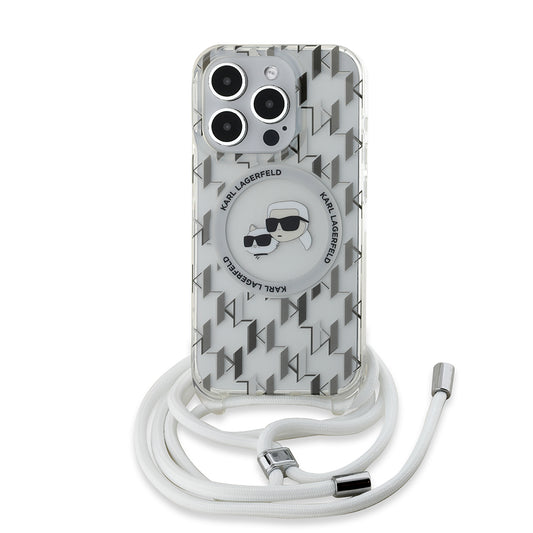 MagSafe Case for Apple iPhone 15 Pro, Karl Lagerfeld, IML Crossbody Monogram Karl & Choupette's Heads, Transparent