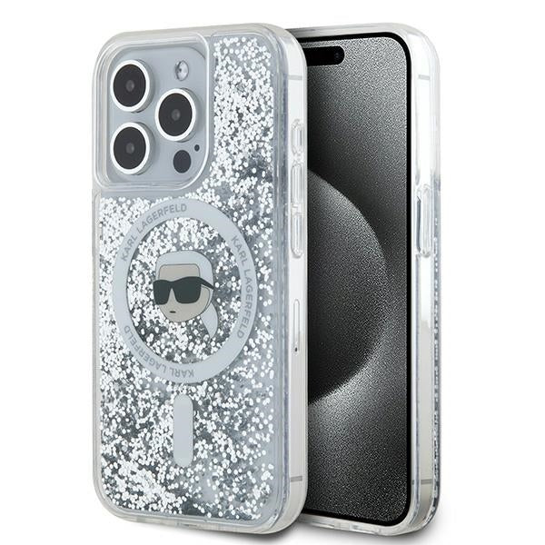 MagSafe Case for Apple iPhone 15 Pro, Karl Lagerfeld, Liquid Glitter Karl's Head, Transparent