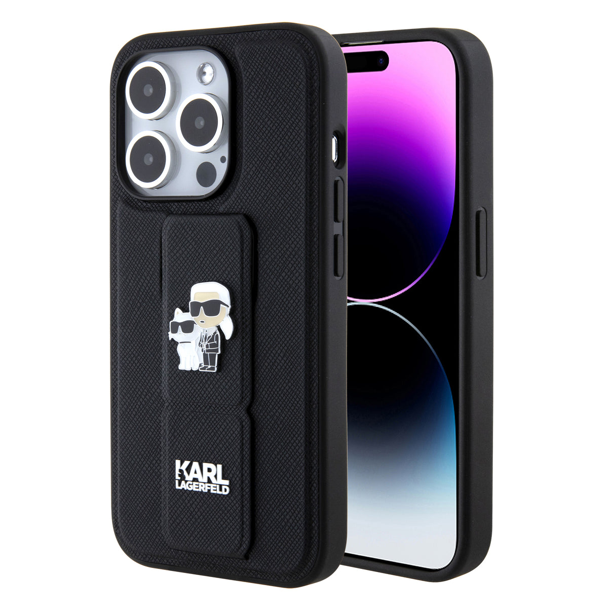 MagSafe Case for Apple iPhone 15 Pro, Karl Lagerfeld, Saffiano Gripstand Karl & Choupette, Black