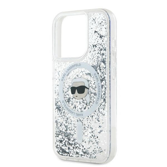 MagSafe Case for Apple iPhone 15 Pro Max, Karl Lagerfeld, Liquid Glitter Karl's Head, Transparent