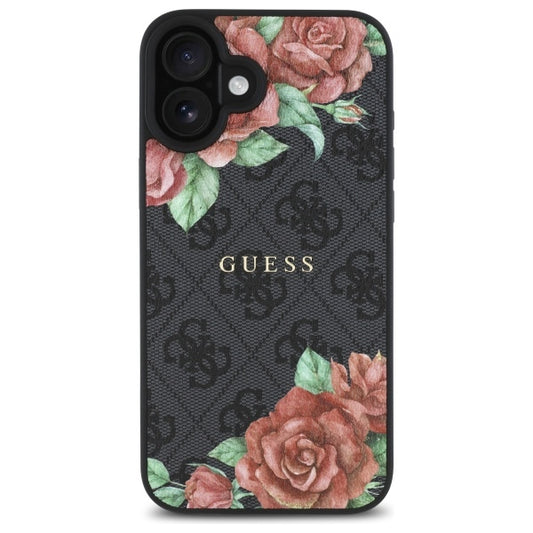 MagSafe Case for Apple iPhone 16, Guess, 4G Flowers Print, Black