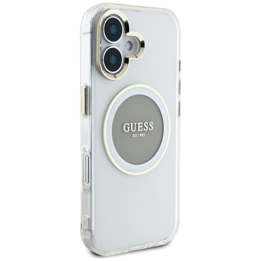 MagSafe Case for Apple iPhone 16, Guess, IML Metal Colored Circle, Grey