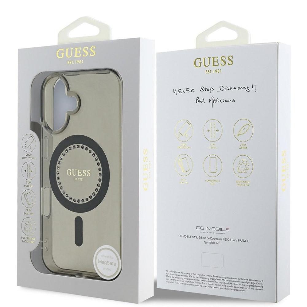 MagSafe Case for Apple iPhone 16, Guess, IML Rhinestone, Black