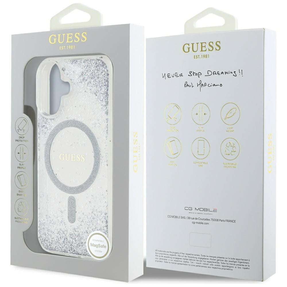 MagSafe Case for Apple iPhone 16, Guess, Resin Gradient Glitter, Silver
