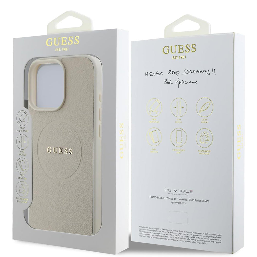 MagSafe Case for Apple iPhone 16 Pro, Guess, Grained Gold Ring, Beige