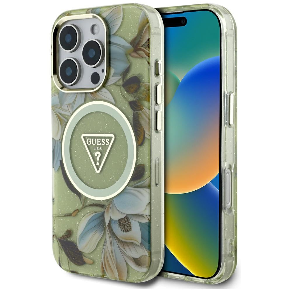 MagSafe Case for Apple iPhone 16 Pro, Guess, IML Metal Glitter Flowers Triangle, Green