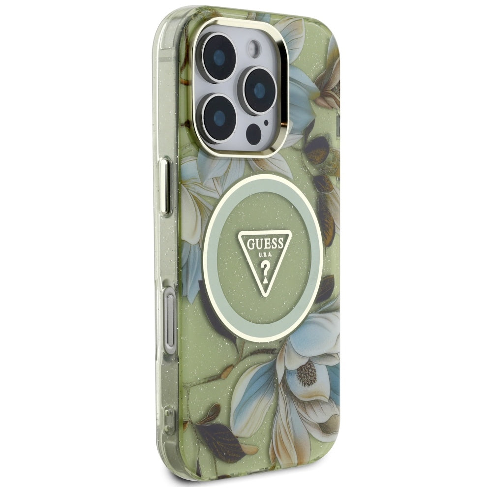 MagSafe Case for Apple iPhone 16 Pro, Guess, IML Metal Glitter Flowers Triangle, Green