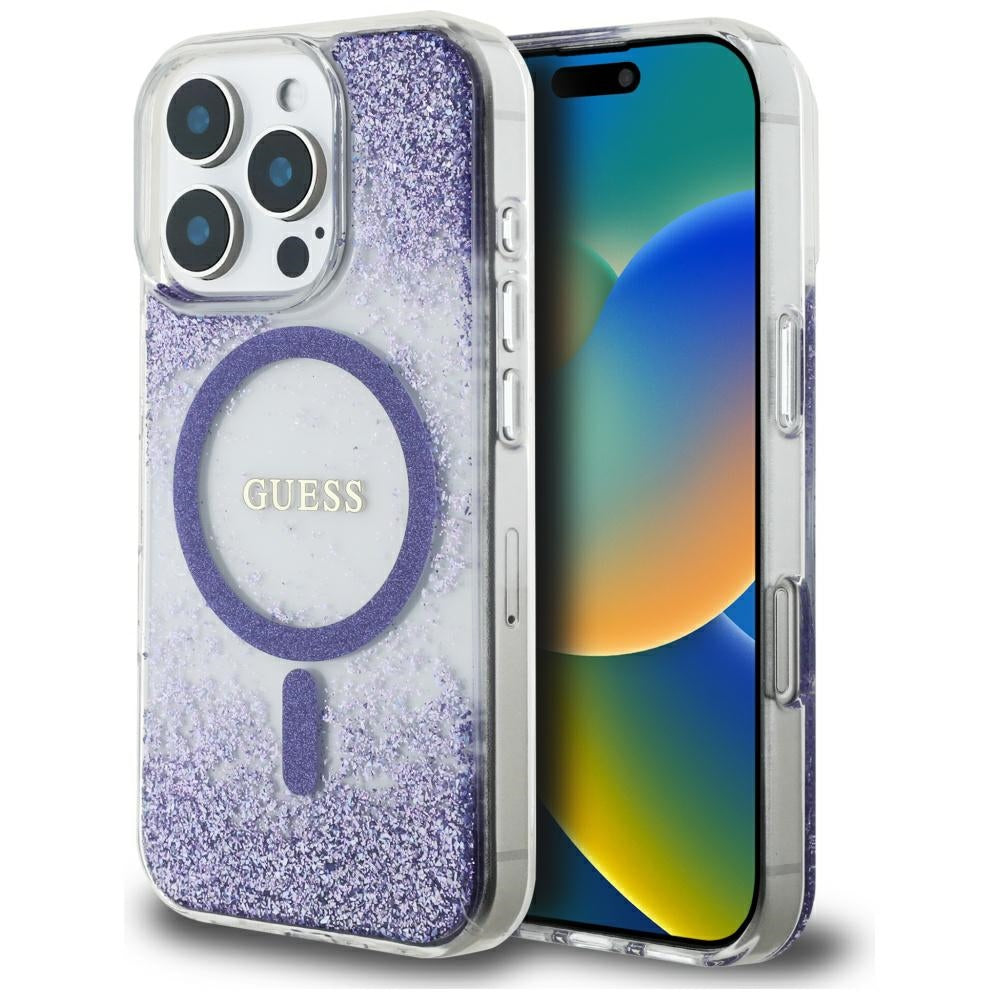 MagSafe Case for Apple iPhone 16 Pro, Guess, Resin Bottom Glitter, Purple