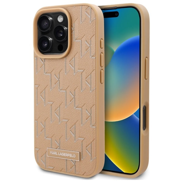 MagSafe Case for Apple iPhone 16 Pro, Karl Lagerfeld, Monogram Metal Logo, Beige