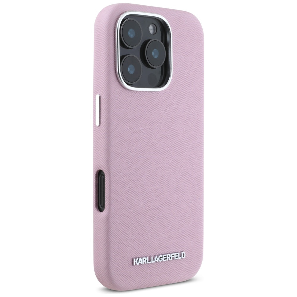 MagSafe Case for Apple iPhone 16 Pro, Karl Lagerfeld, Saffiano Full Wrapped Elongated Metal Logo, Pink