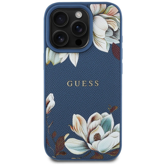 MagSafe Case for Apple iPhone 16 Pro Max, Guess, Grained Flowers, Blue