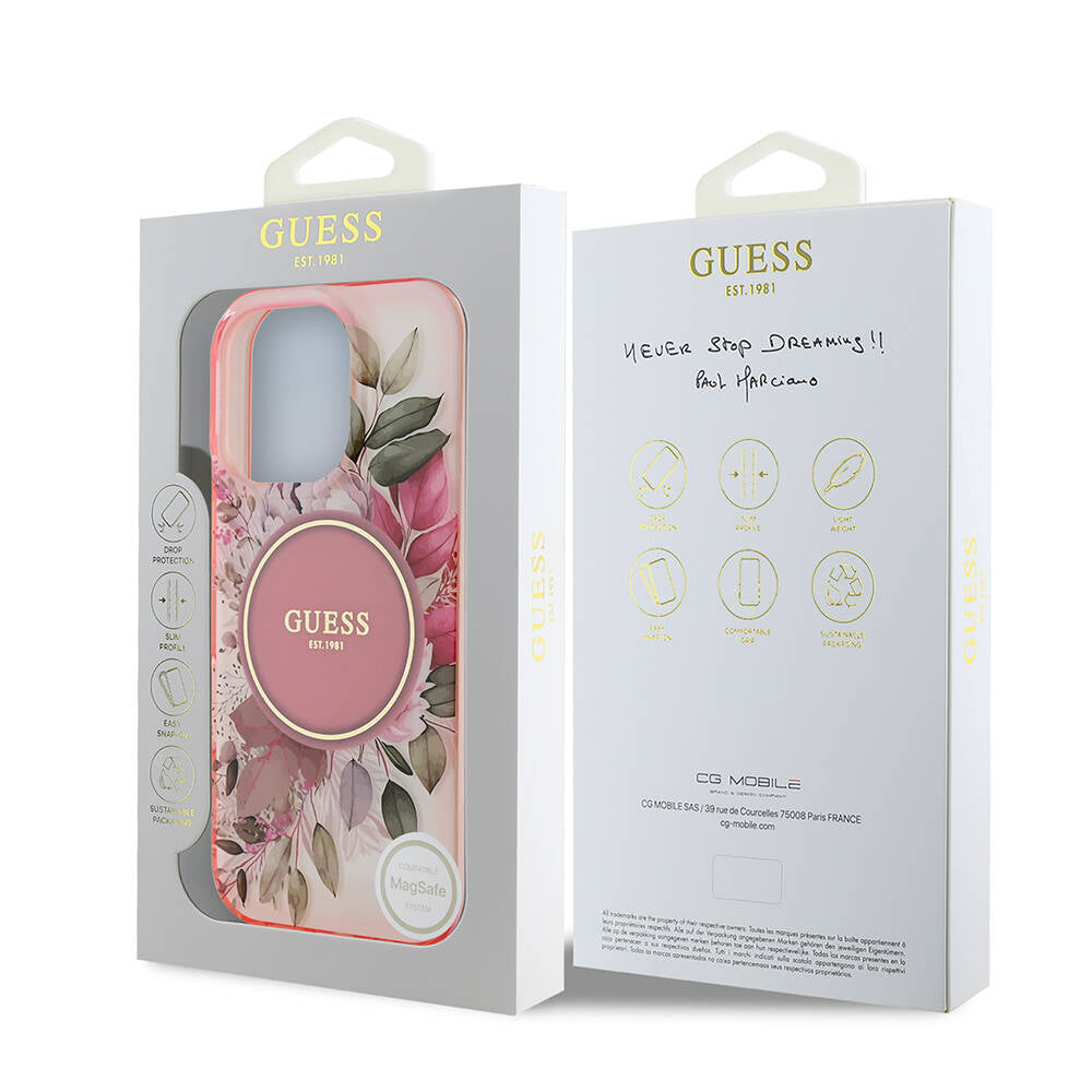 MagSafe Case for Apple iPhone 16 Pro Max, Guess, IML Flower & Tonal Circle, Pink