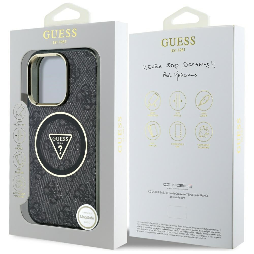 MagSafe Case for Apple iPhone 16 Pro Max, Guess, IML Glitter 4G Circle Triangle, Black