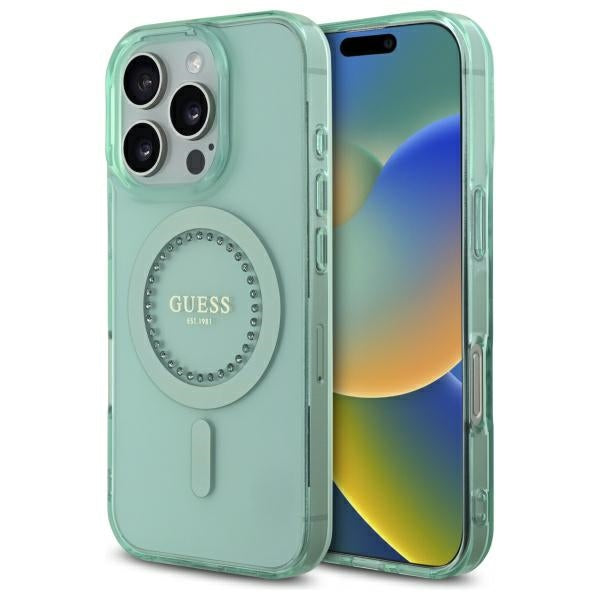 MagSafe Case for Apple iPhone 16 Pro Max, Guess, IML Rhinestone, Green