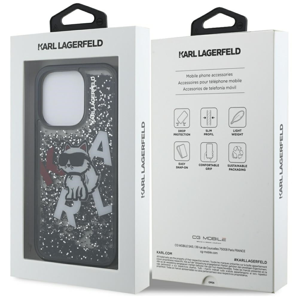 MagSafe Case for Apple iPhone 16 Pro Max, Karl Lagerfeld, Liquid Glitter Choupette Logo, Black