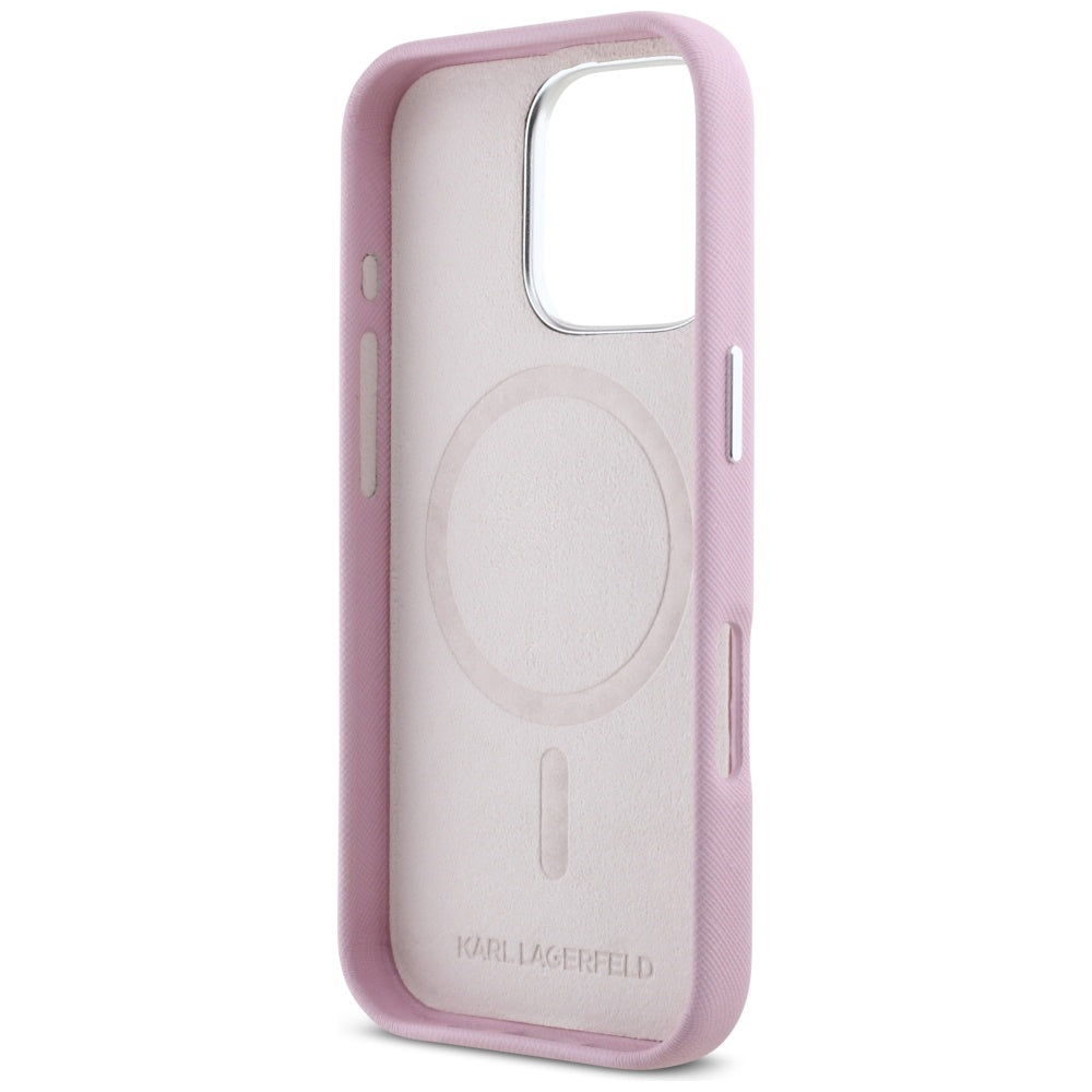 MagSafe Case for Apple iPhone 16 Pro Max, Karl Lagerfeld, Saffiano Full Wrapped Elongated Metal Logo, Pink