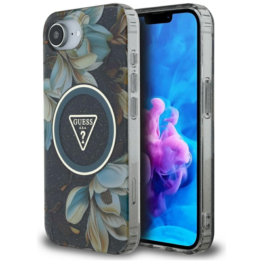 MagSafe Case for Apple iPhone 17e / 16e, Guess, IML Metal Glitter Flowers Triangle, Black
