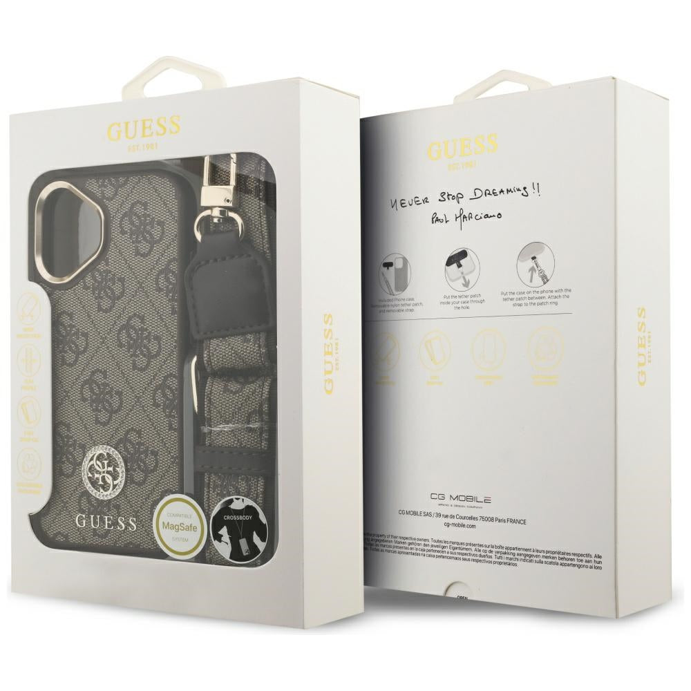 MagSafe Case for Apple iPhone 17, Guess, 4G Strass Logo with Big Strap, Brown