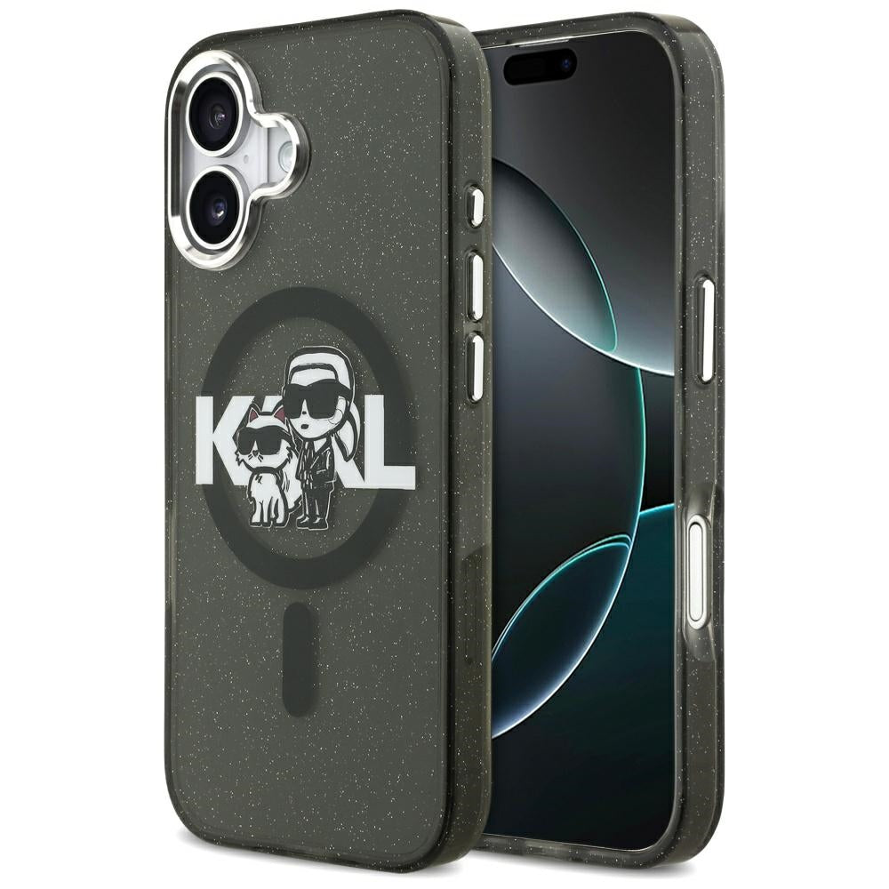 MagSafe Case for Apple iPhone 17, Karl Lagerfeld, IML Sketch Logo Glitter Karl & Choupette, Black
