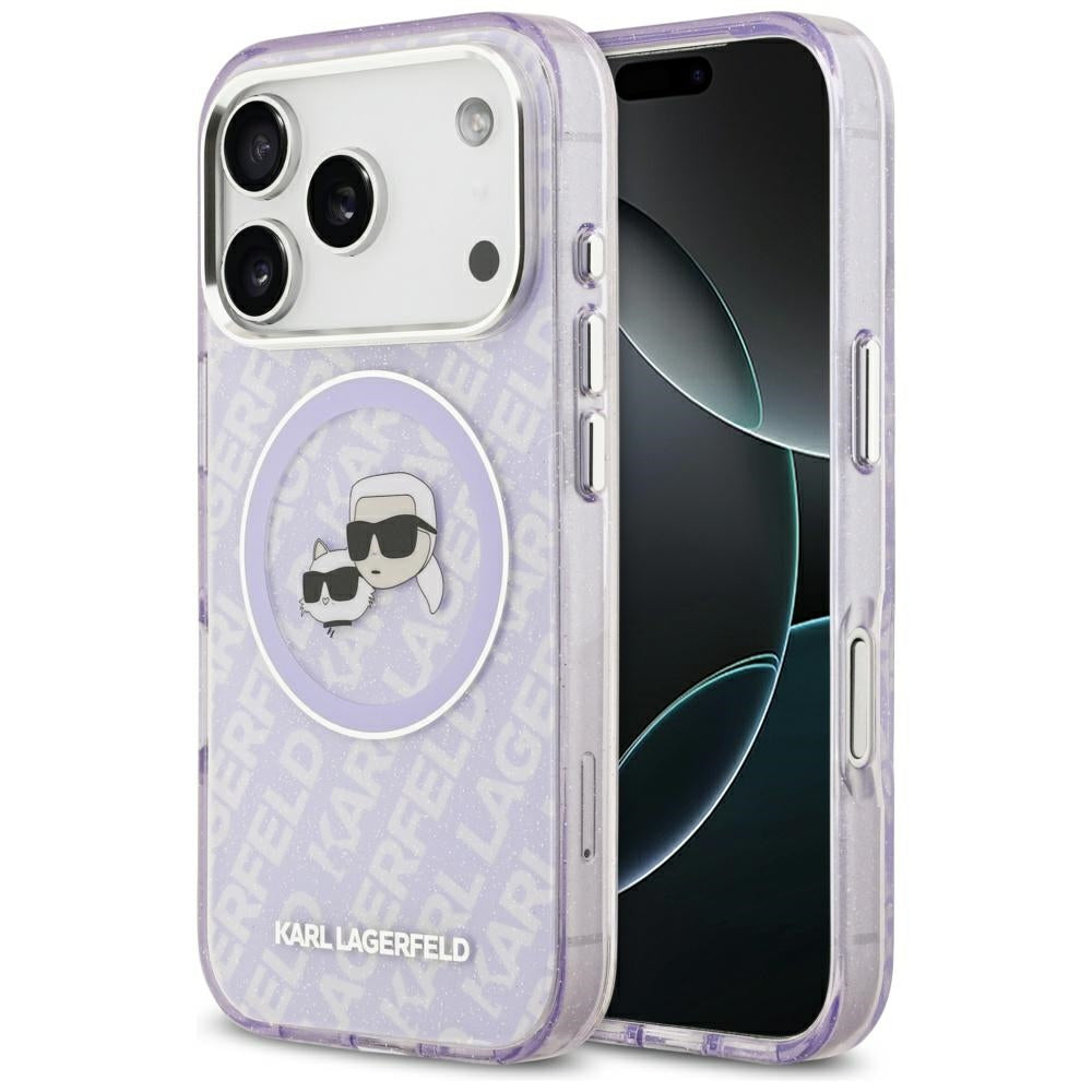 MagSafe Case for Apple iPhone 17 Pro, Karl Lagerfeld, IML Glitter Karl & Choupette's Heads, Purple