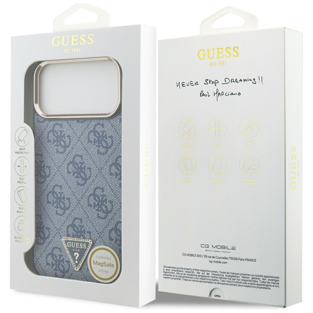 MagSafe Case for Apple iPhone 17 Pro Max, Guess, 4G Triangle Logo, Golden Blue