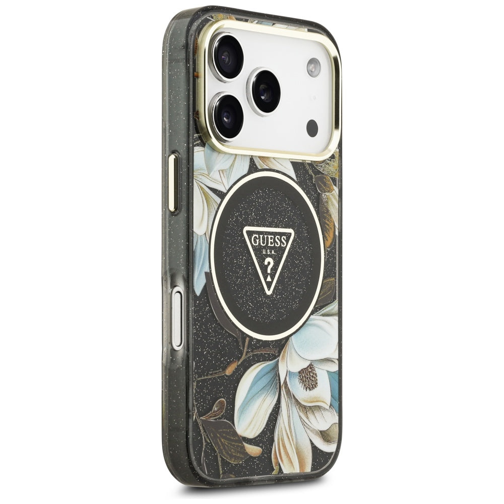 MagSafe Case for Apple iPhone 17 Pro Max, Guess, IML Metal Glitter Flowers Triangle, Black