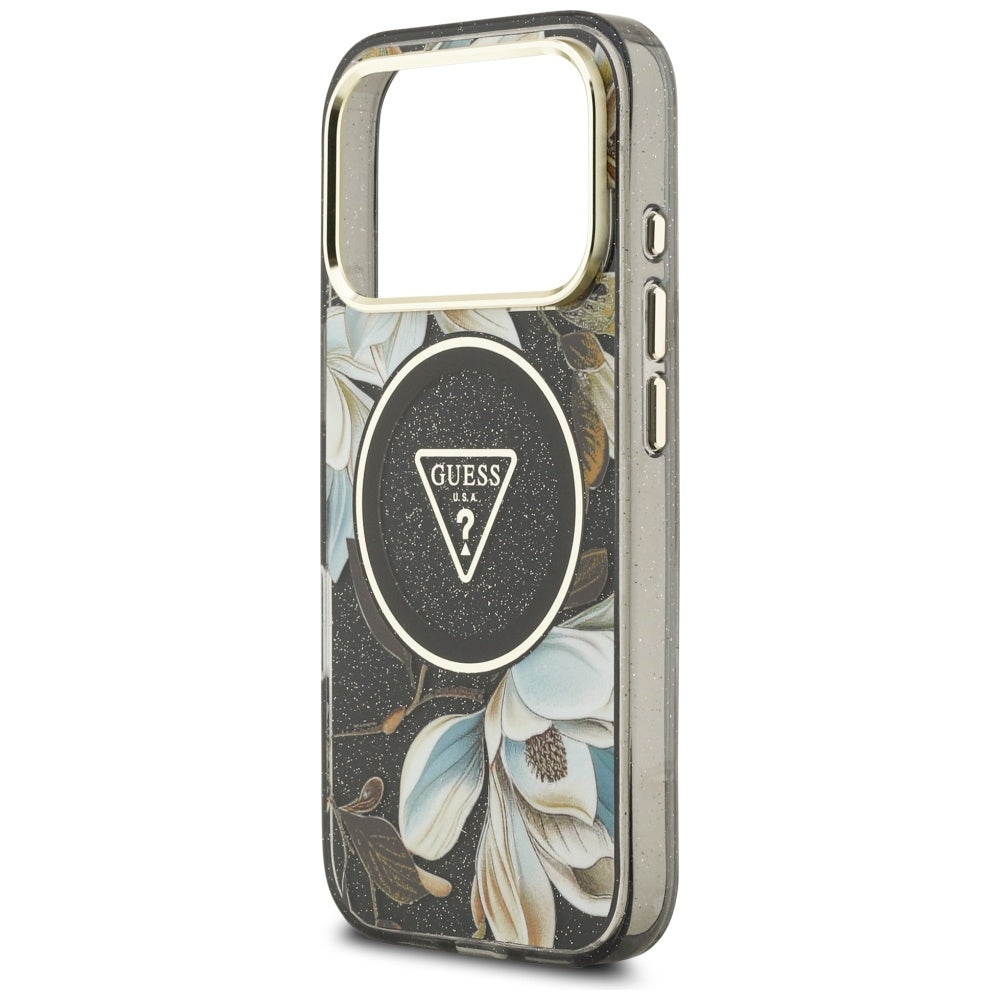 MagSafe Case for Apple iPhone 17 Pro Max, Guess, IML Metal Glitter Flowers Triangle, Black