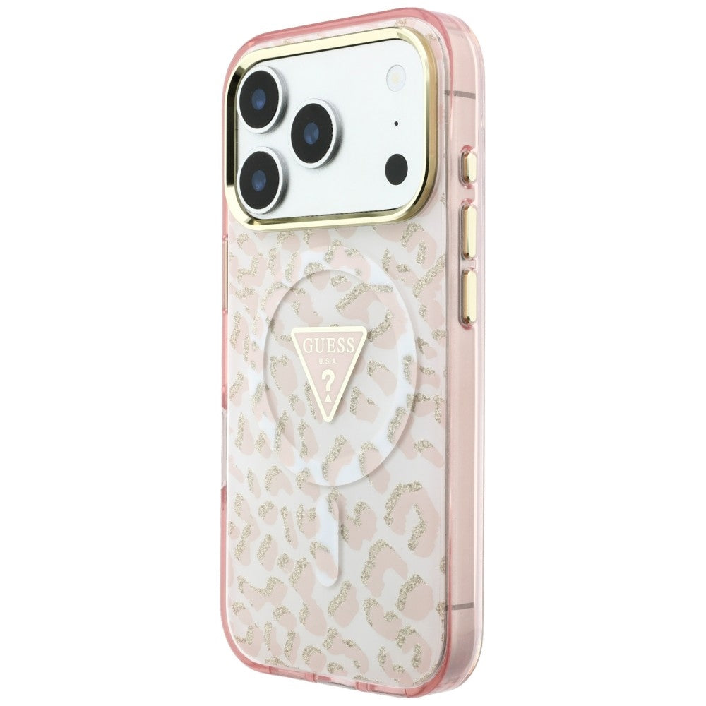 MagSafe Case for Apple iPhone 18 Pro / 17 Pro, Guess, Leopard Glitter Triangle Logo, Pink