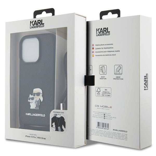 Case for Apple iPhone 14 Pro, Karl Lagerfeld, Saffiano Crossbody Metal Pin Karl & Choupette, Black