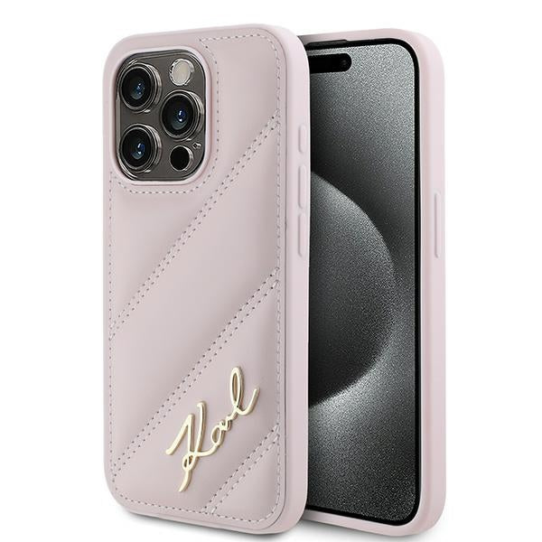 Case for Apple iPhone 15 Pro, Karl Lagerfeld, Diagonal Quilted Script, Pink